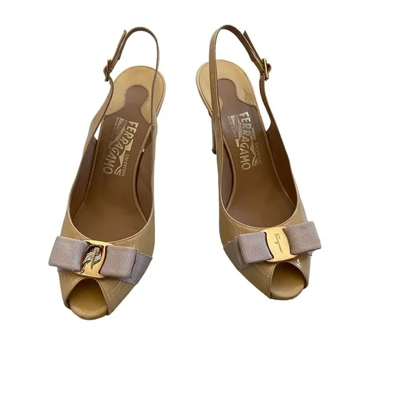 Salvatore Ferragamo beige nude peep toe slingback pumps w bow detail size 7 4”